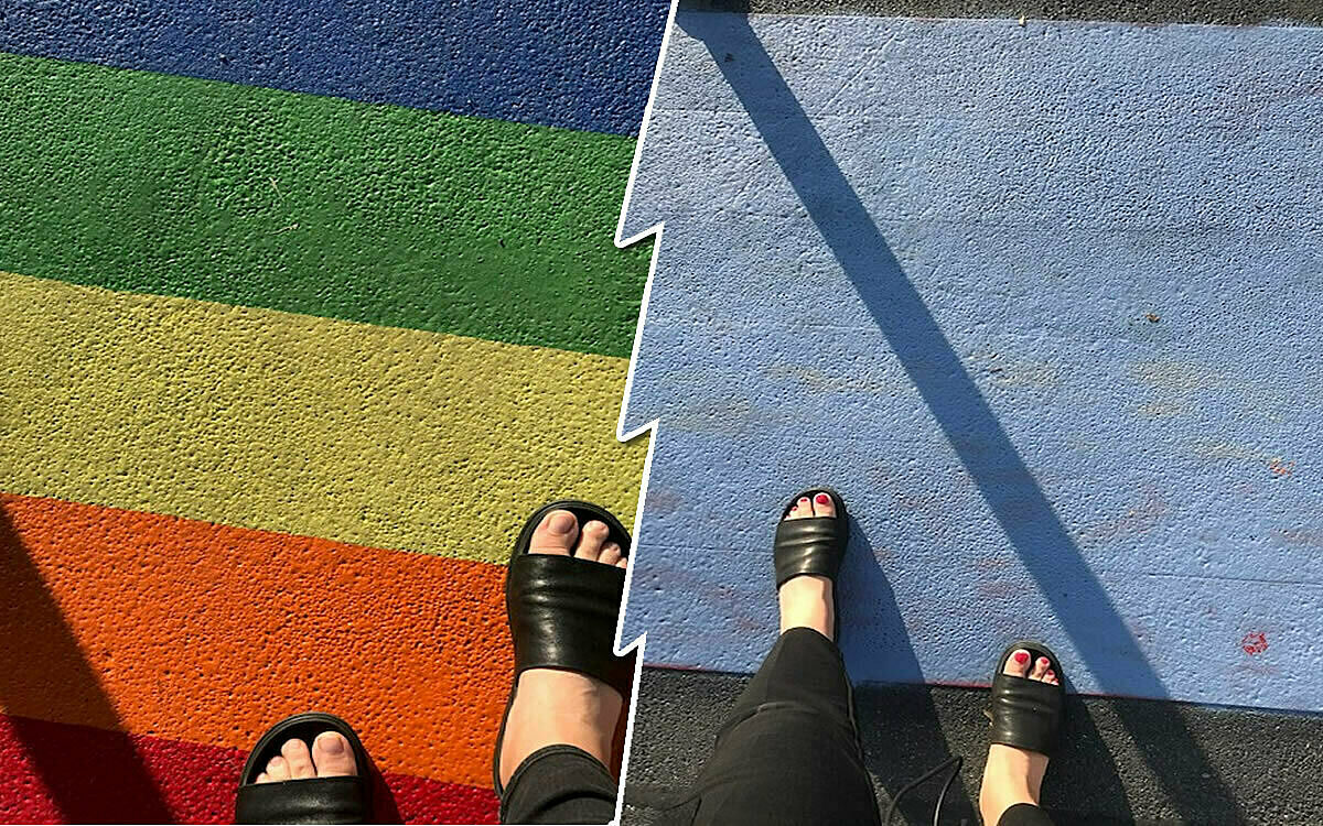 Bereits im Sommer 2021 wurde die Regenbogenflagge (links) mit graublauer Farbe bemalt (rechts) Bereits im Sommer 2021 wurde die Regenbogenflagge (links) mit graublauer Farbe bemalt (rechts)