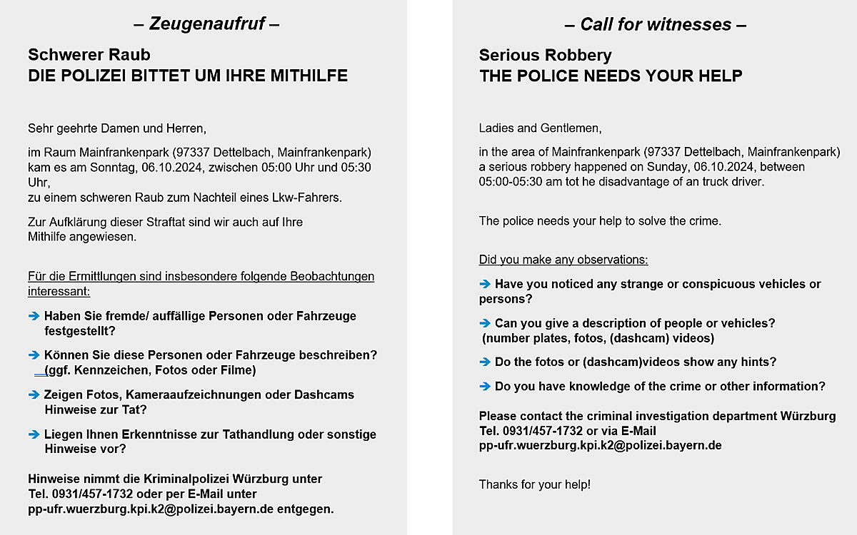 Zeugenaufruf in Deutsch und Englisch Zeugenaufruf in Deutsch und Englisch