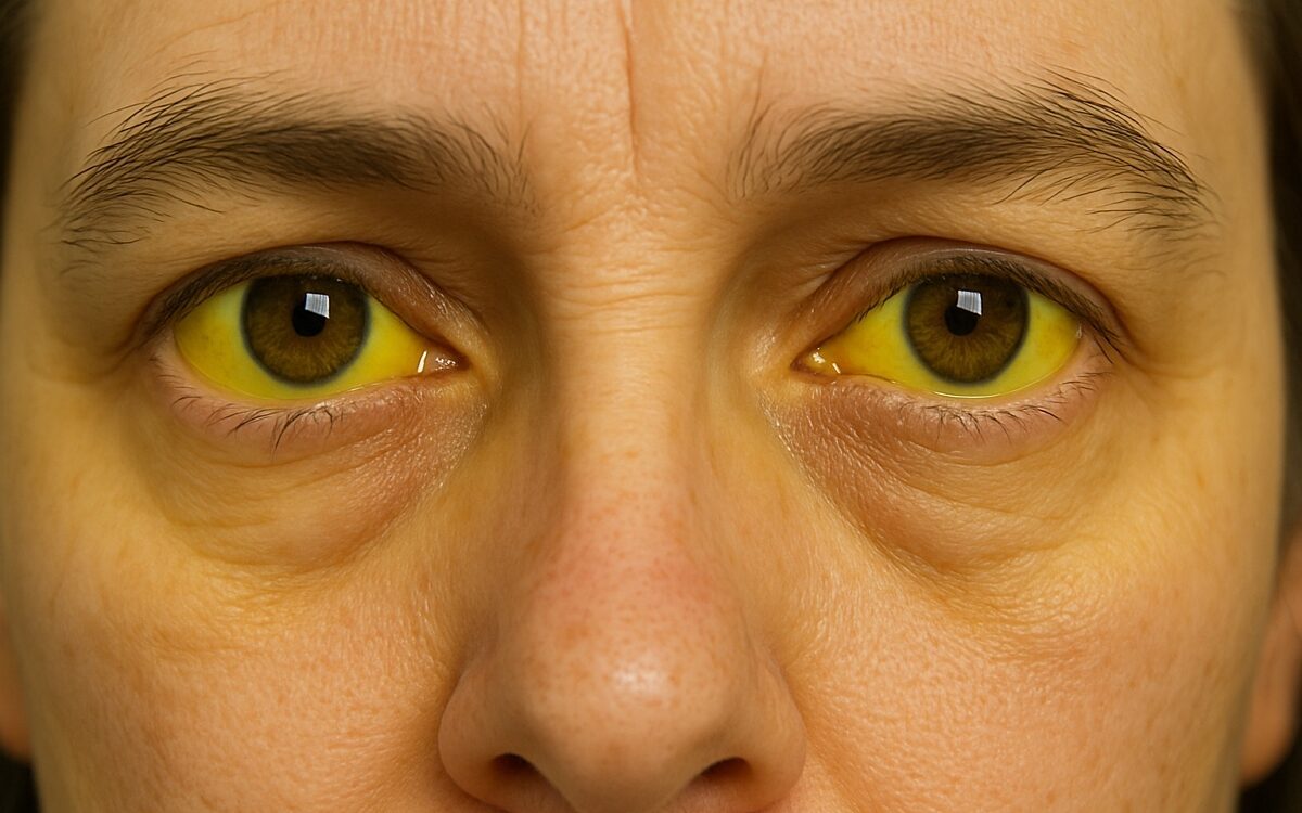 Ein mit KI generiertes Foto einer Person mit den typisch gelb verfärbten Augen bei einer Hepatitis-Erkrankung Ein mit KI generiertes Foto einer Person mit den typisch gelb verfärbten Augen bei einer Hepatitis-Erkrankung