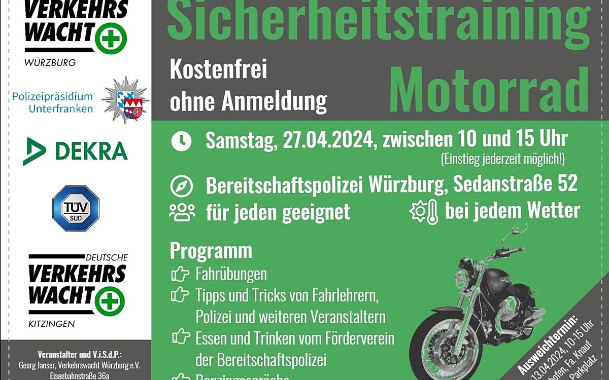 Der Flyer der Verkehrswacht Würzburg zum Motorradtraining am 27. April 2024 Der Flyer der Verkehrswacht Würzburg zum Motorradtraining am 27. April 2024