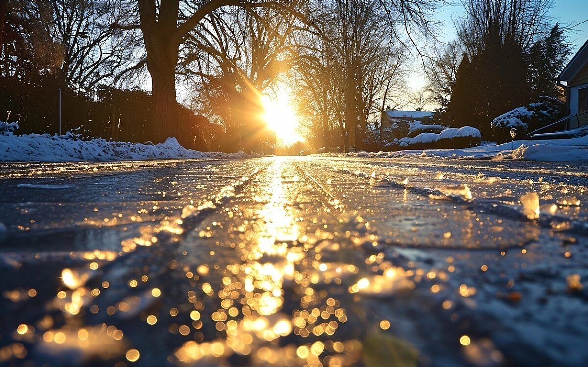 Die Sonne reflektiert auf einer vereisten Straße