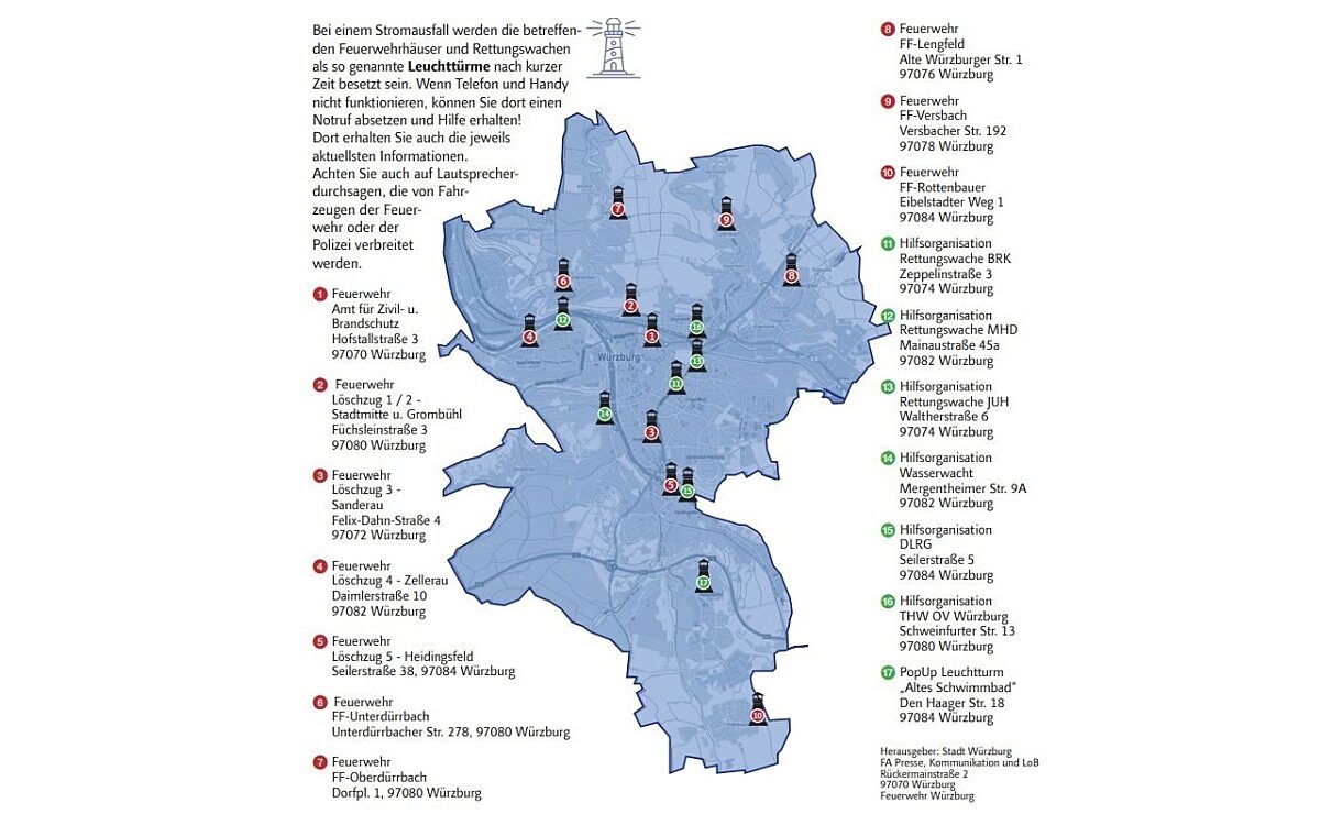 Übersichts-Grafik über die Leuchttürme in Würzburg im Notfall Übersichts-Grafik über die Leuchttürme in Würzburg im Notfall