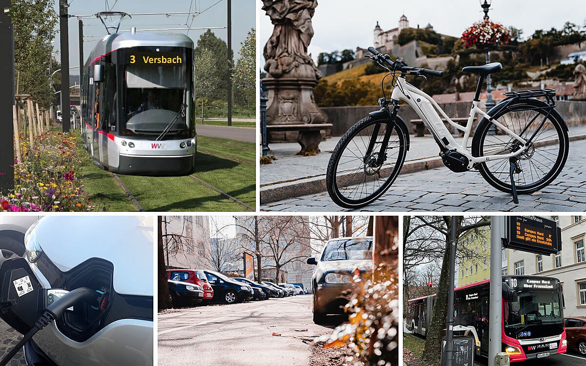 Eine Collage zeigt eine Straßenbahn, ein E-Bike, ein E-Auto beim Laden und parkende Autos sowie einen Bus Eine Collage zeigt eine Straßenbahn, ein E-Bike, ein E-Auto beim Laden und parkende Autos sowie einen Bus