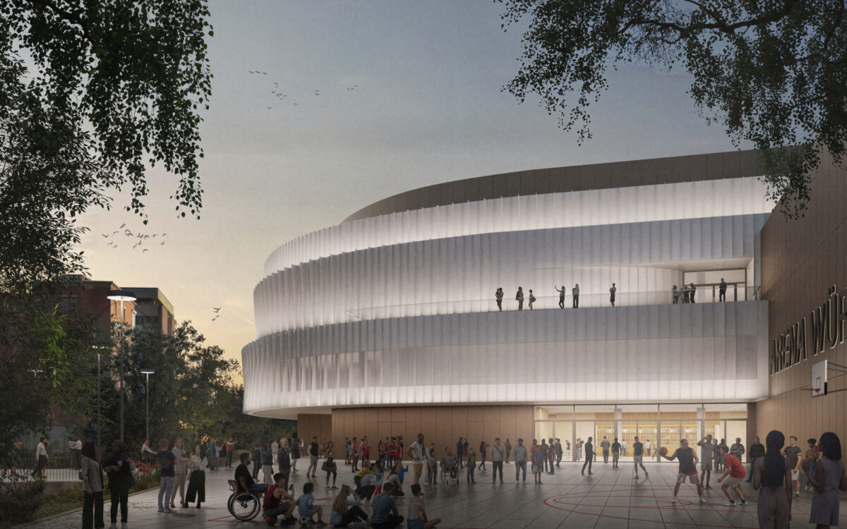 So soll die Würzburg Arena am Haupteingang an der Ostseite aussehen. Die Fassade ist in weiß beleuchtet. Andere Farben sind auch möglich. Arena